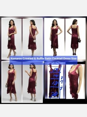 Komarov Crinkled & Ruffle Satin Cocktail Dress Size S